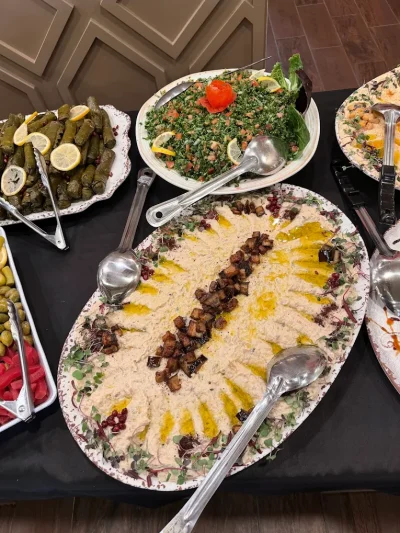 Party platter of Mediterranean appetizers with rice and grilled meat at Darna in Temple Terrace